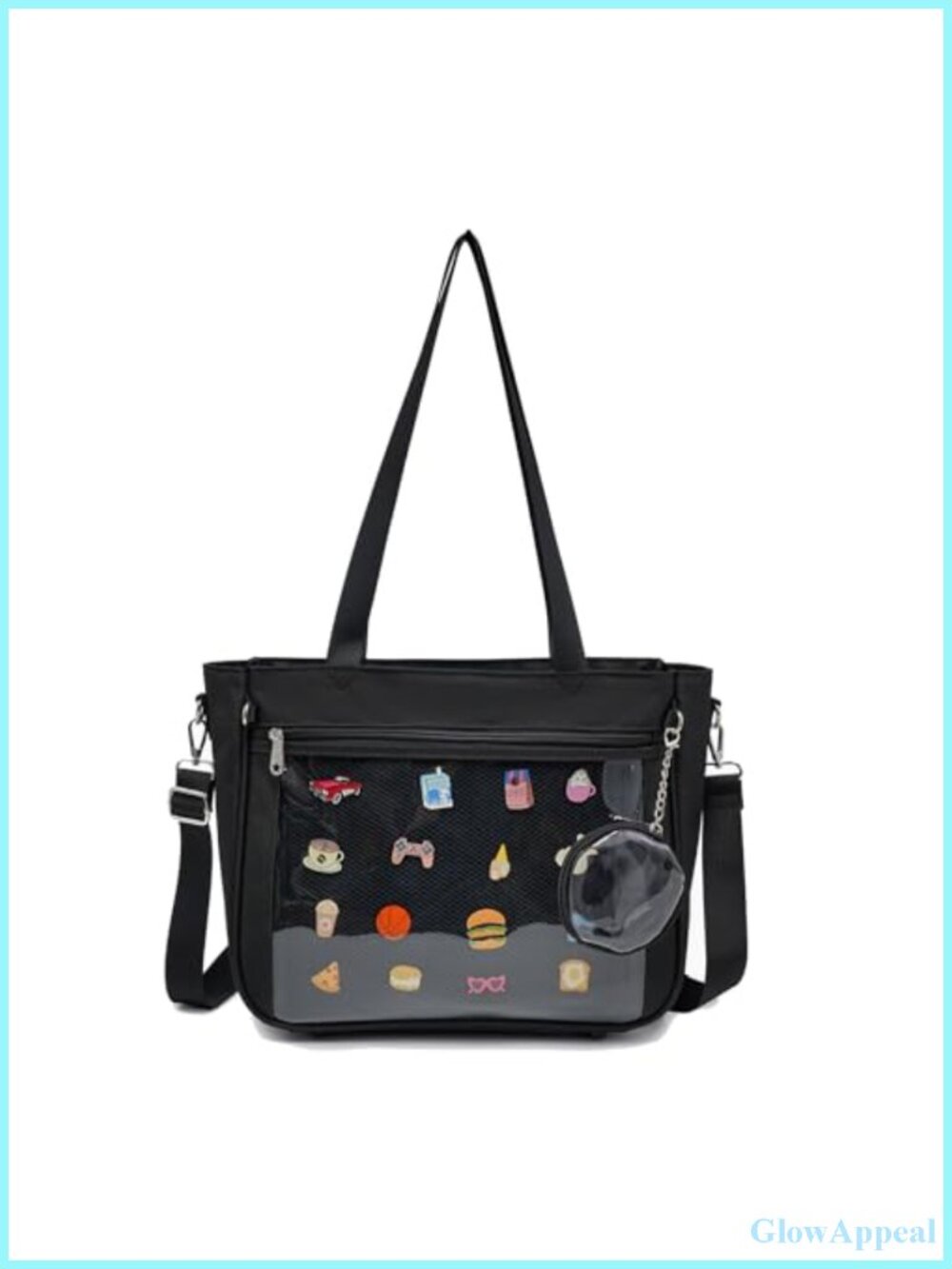 Canvas Kawaii Ita Bag with Clear Pin Display Window Crossbody Tote Shoulder Bag